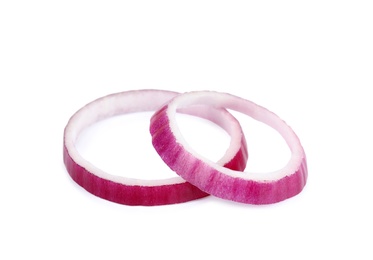 Photo of Sliced red onion rings on white background