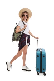 Photo of Woman with suitcase and backpack on white background. Summer travel