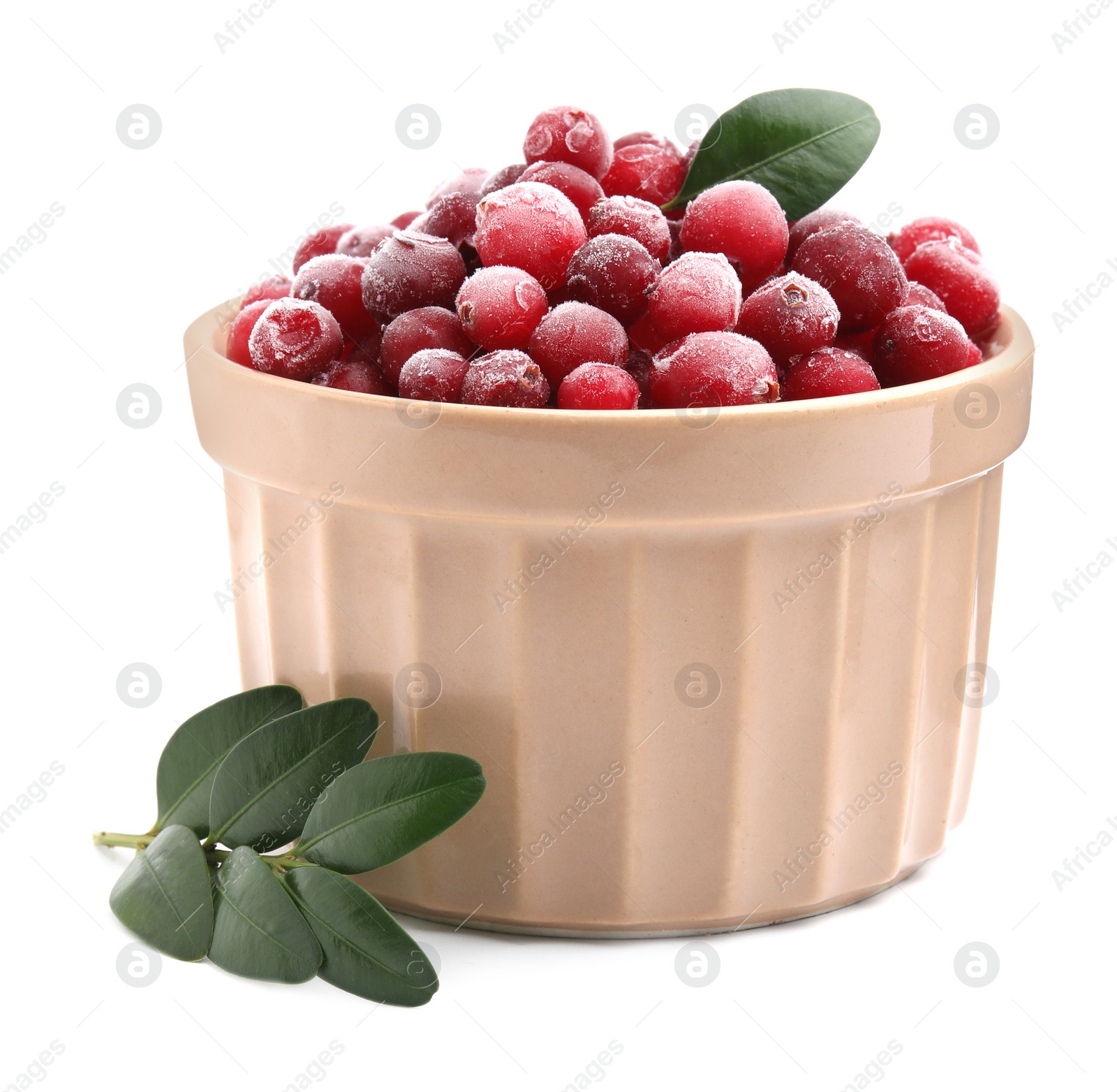 Photo of Frozen red cranberries in bowl and green leaves isolated on white