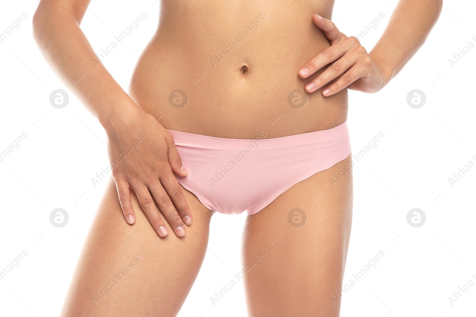 Photo of Young woman showing smooth skin after bikini epilation on white background