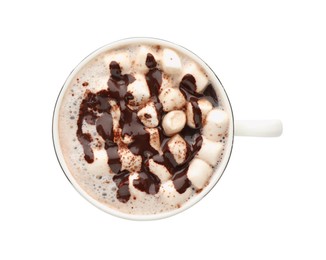 Cup of aromatic hot chocolate with marshmallows and cocoa powder isolated on white, top view