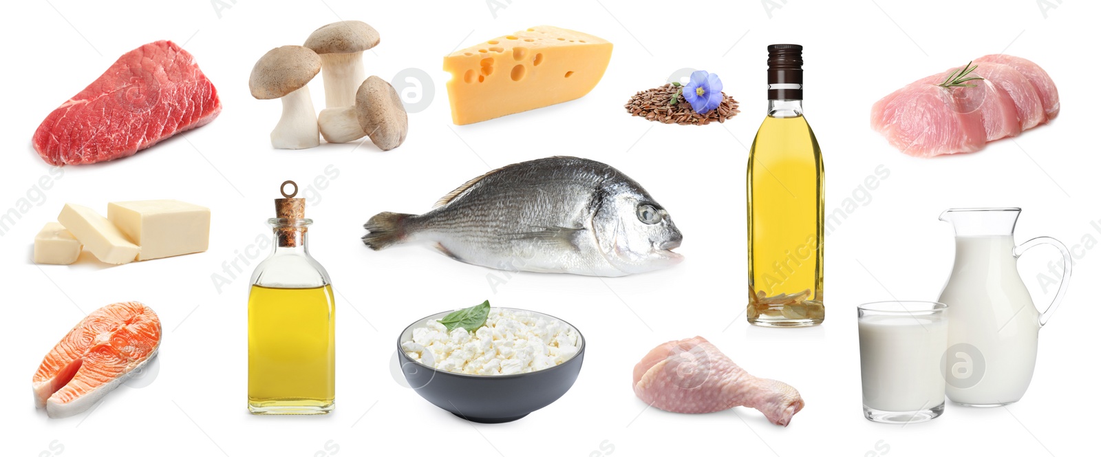 Image of Healthy diet. Set with many different products on white background