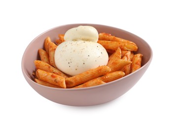 Photo of Bowl of delicious pasta with burrata and tomato sauce isolated on white