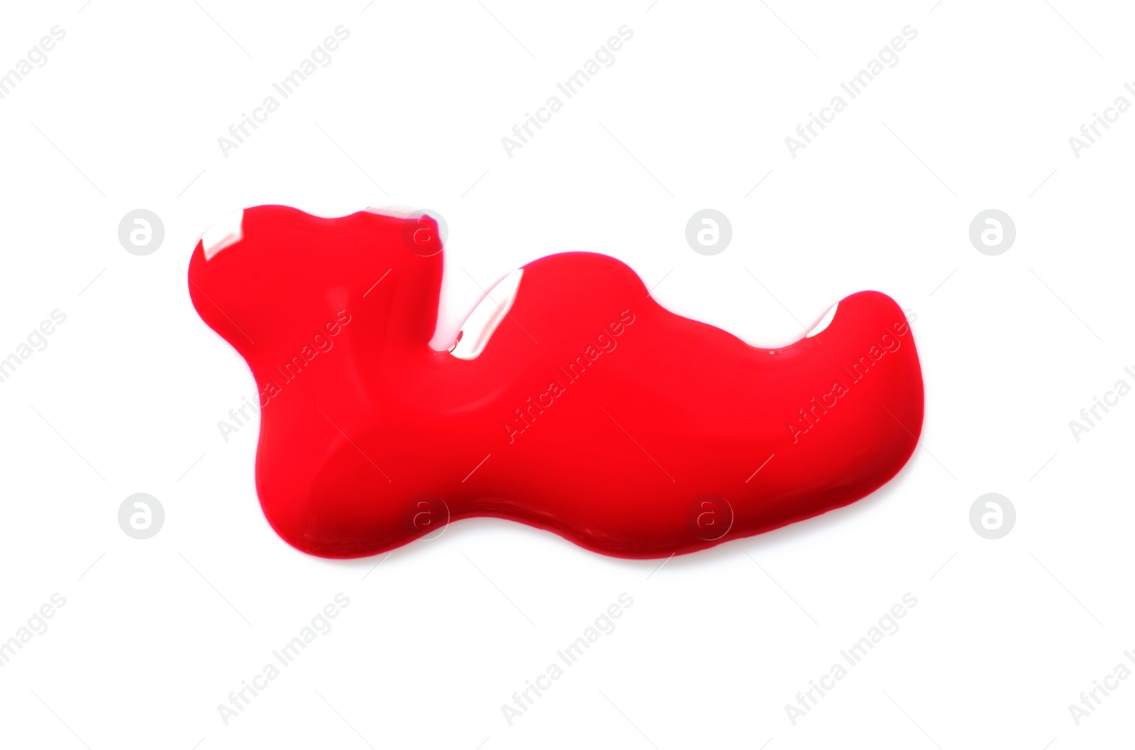 Photo of Red nail polish stain on white background, top view