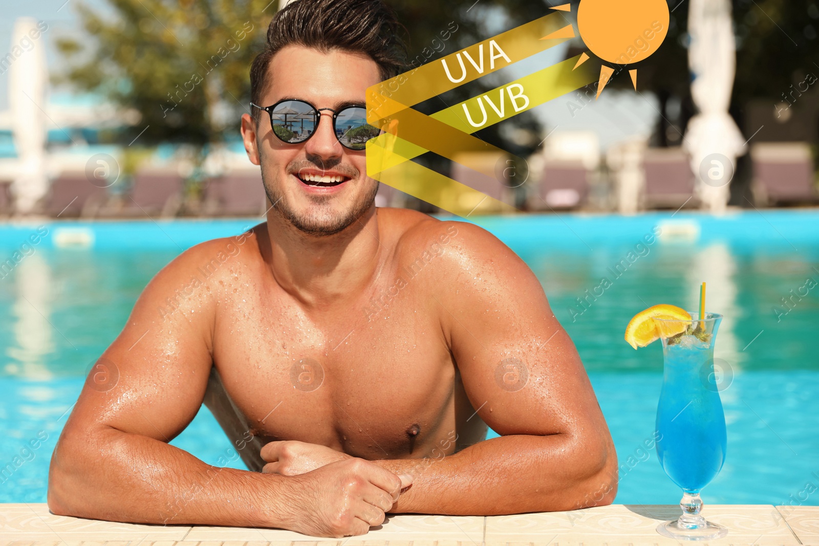 Image of Man wearing sunglasses in outdoor swimming pool. UVA and UVB rays reflected by lenses, illustration