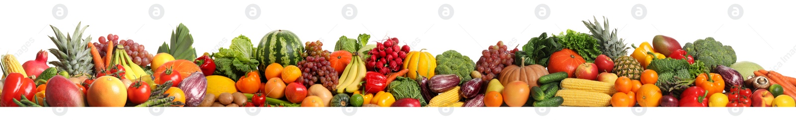 Image of Collection of fresh organic vegetables and fruits on white background. Banner design 