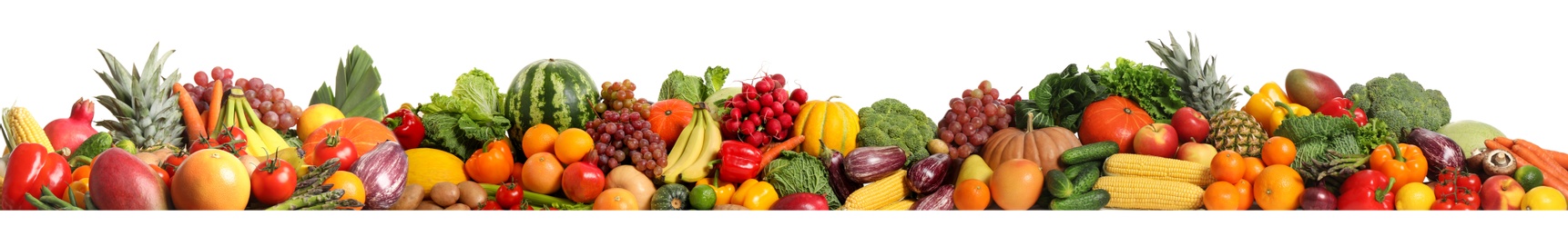 Collection of fresh organic vegetables and fruits on white background. Banner design 