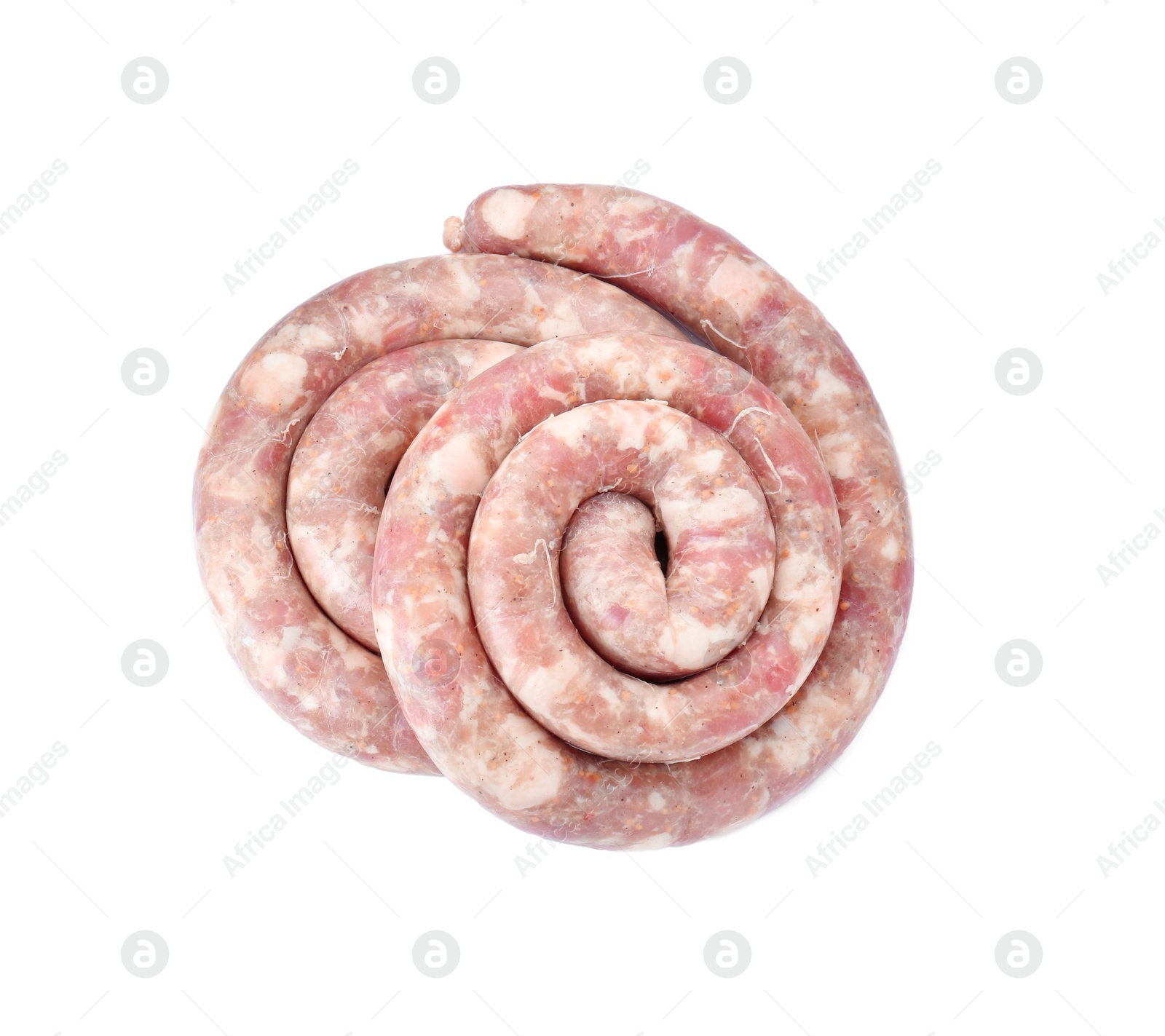 Photo of Raw homemade sausage on white background, top view