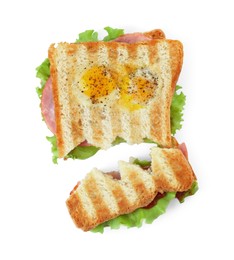 Photo of Cute monster sandwich with fried eggs isolated on white, top view. Halloween snack