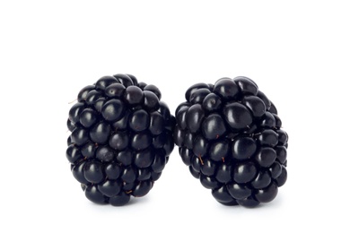 Photo of Fresh ripe juicy blackberries on white background