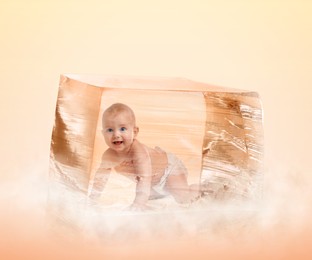 Image of Cryopreservation as method of infertility treatment. Baby in ice cube on light coral background