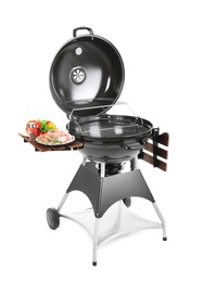 Modern barbecue grill with tasty food on white background