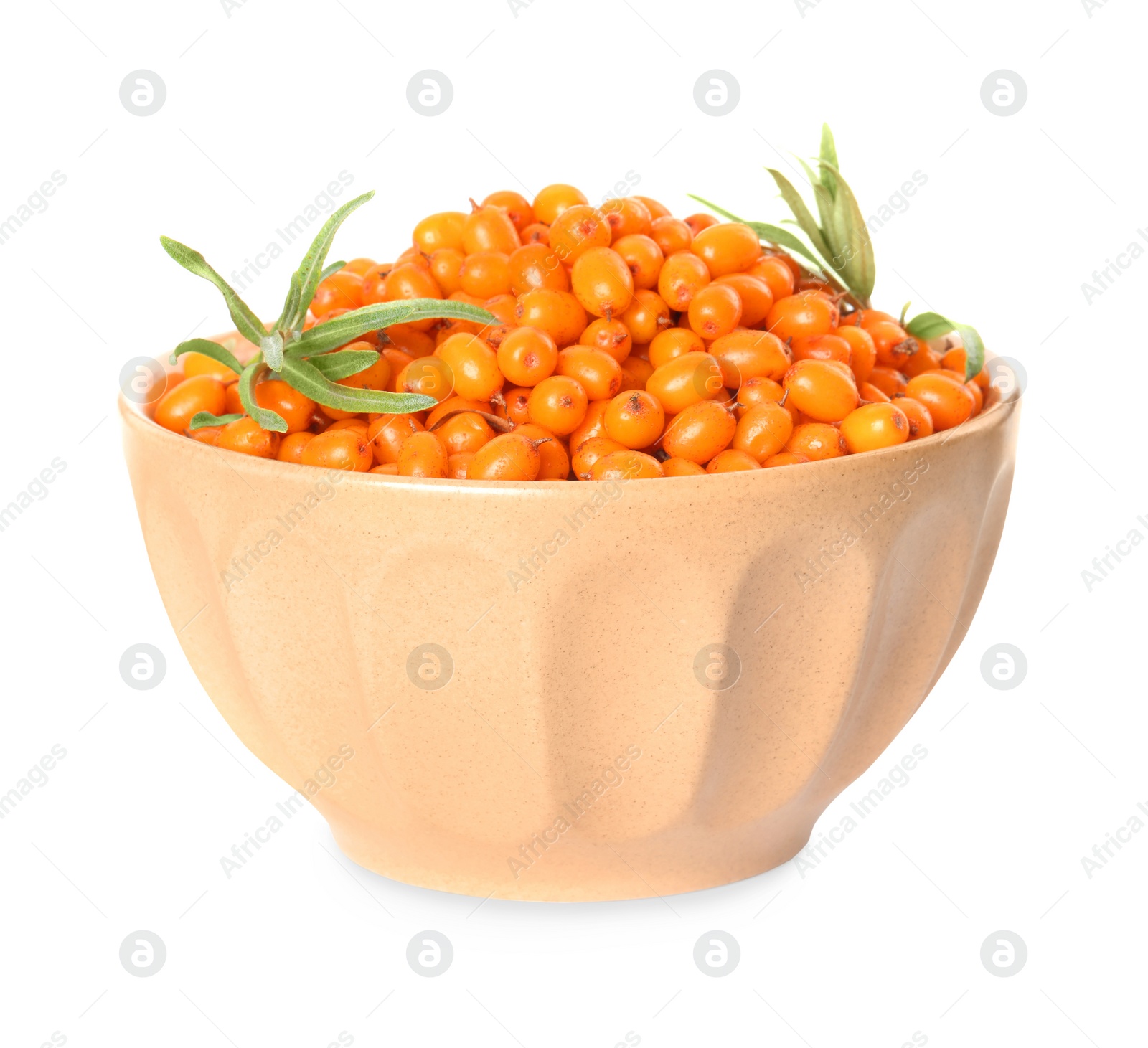 Photo of Fresh ripe sea buckthorn berries in bowl isolated on white