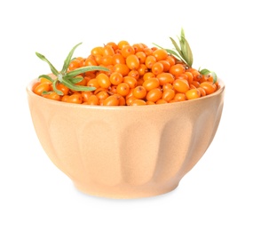 Photo of Fresh ripe sea buckthorn berries in bowl isolated on white