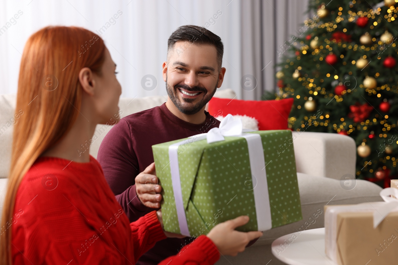 Photo of Christmas celebration. Woman and man exchanging gifts at home