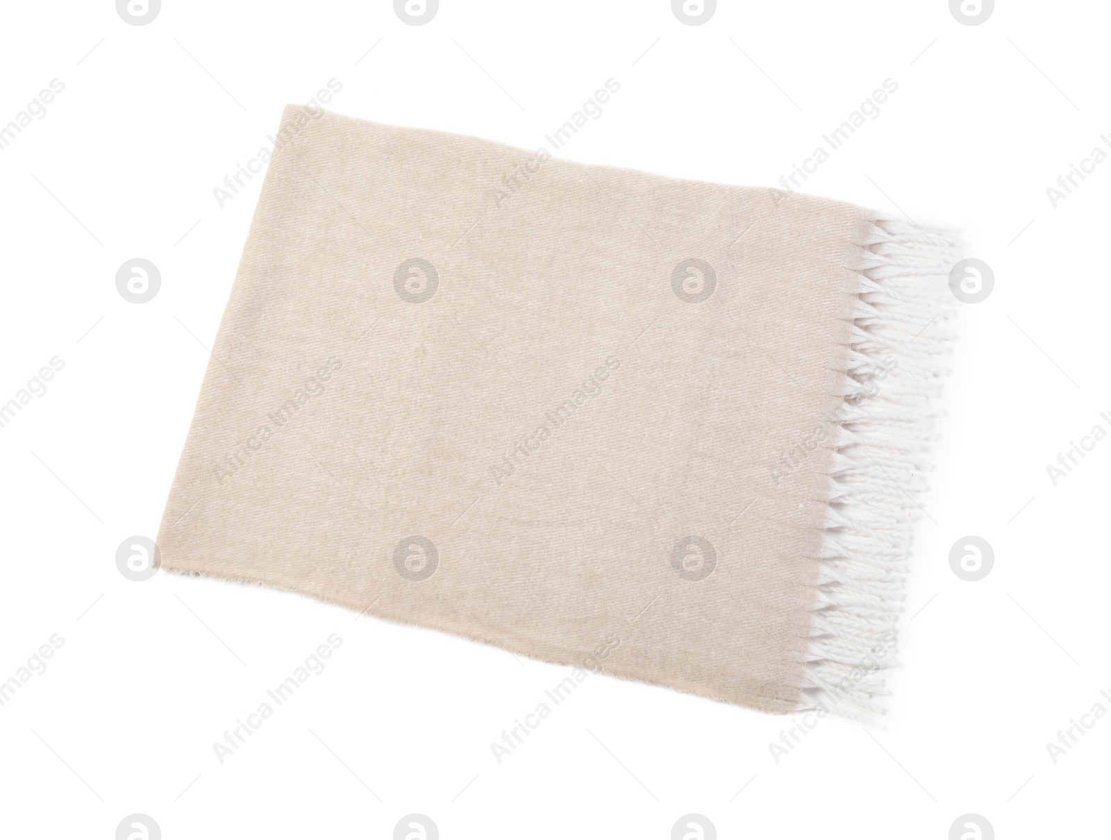 Photo of Beautiful beige blanket isolated on white, top view