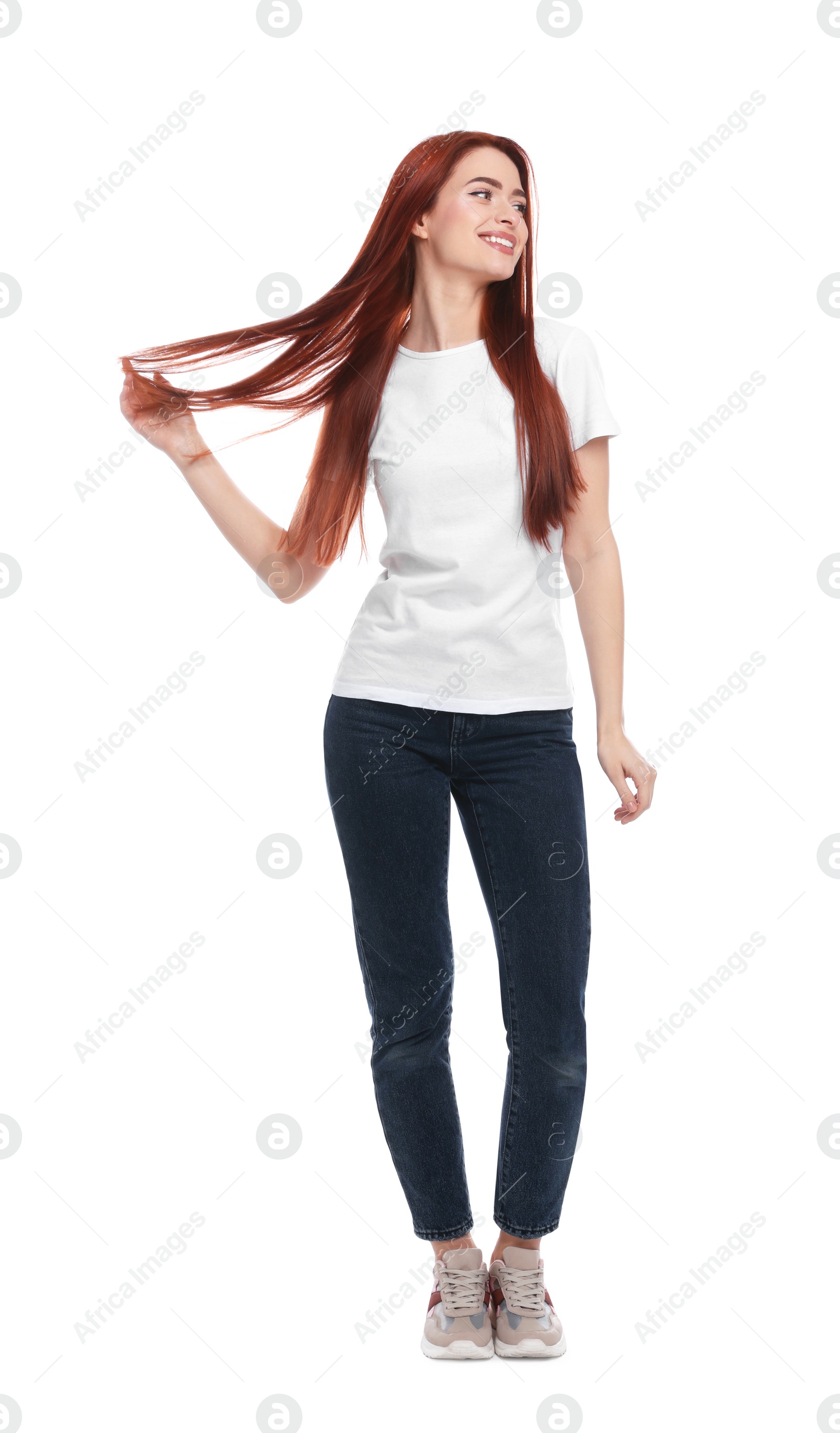 Photo of Happy woman with red dyed hair on white background