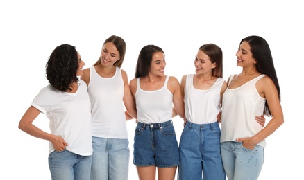 Photo of Happy women on white background. Girl power concept