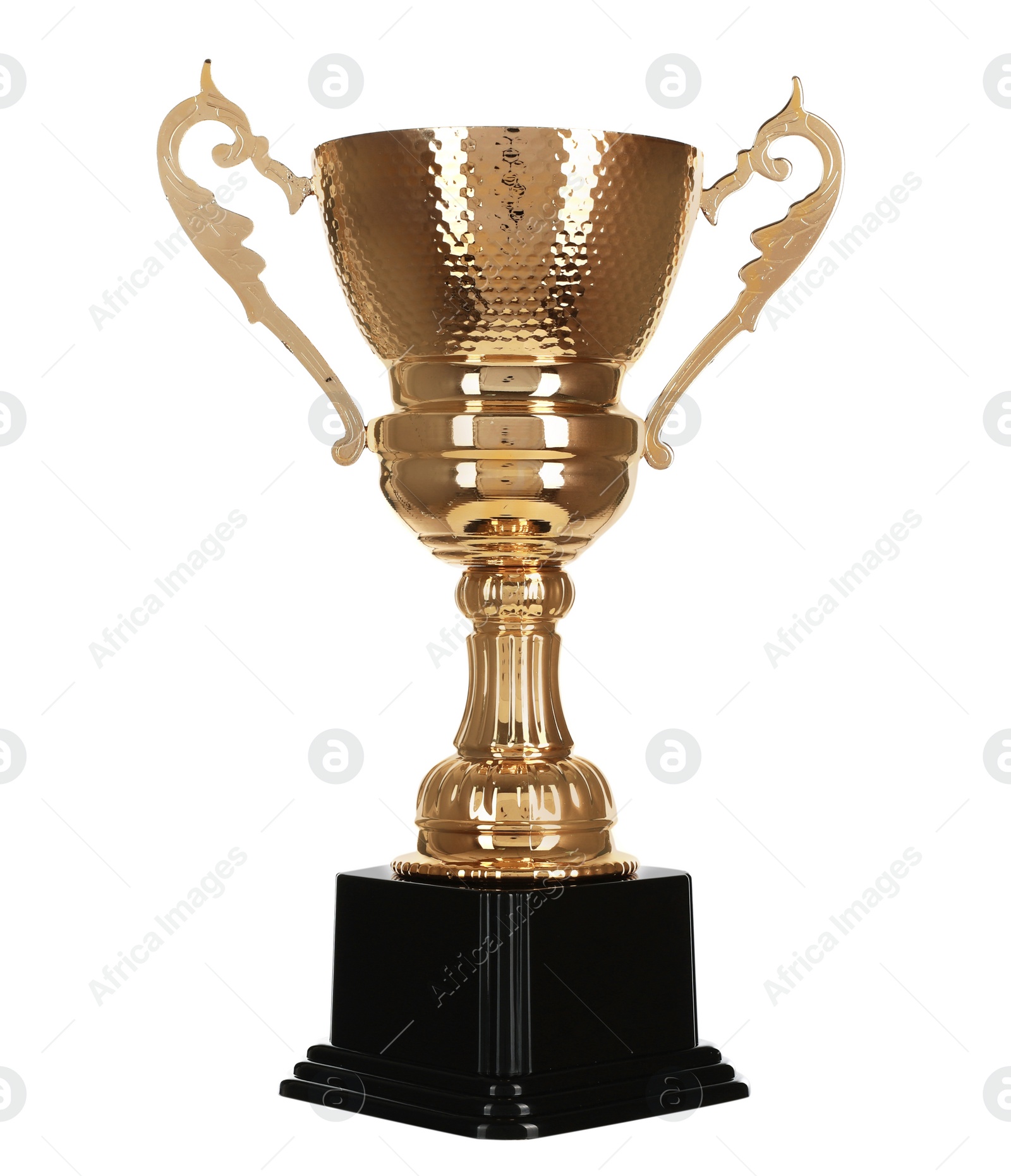 Photo of Shiny gold cup on white background. Winner's trophy