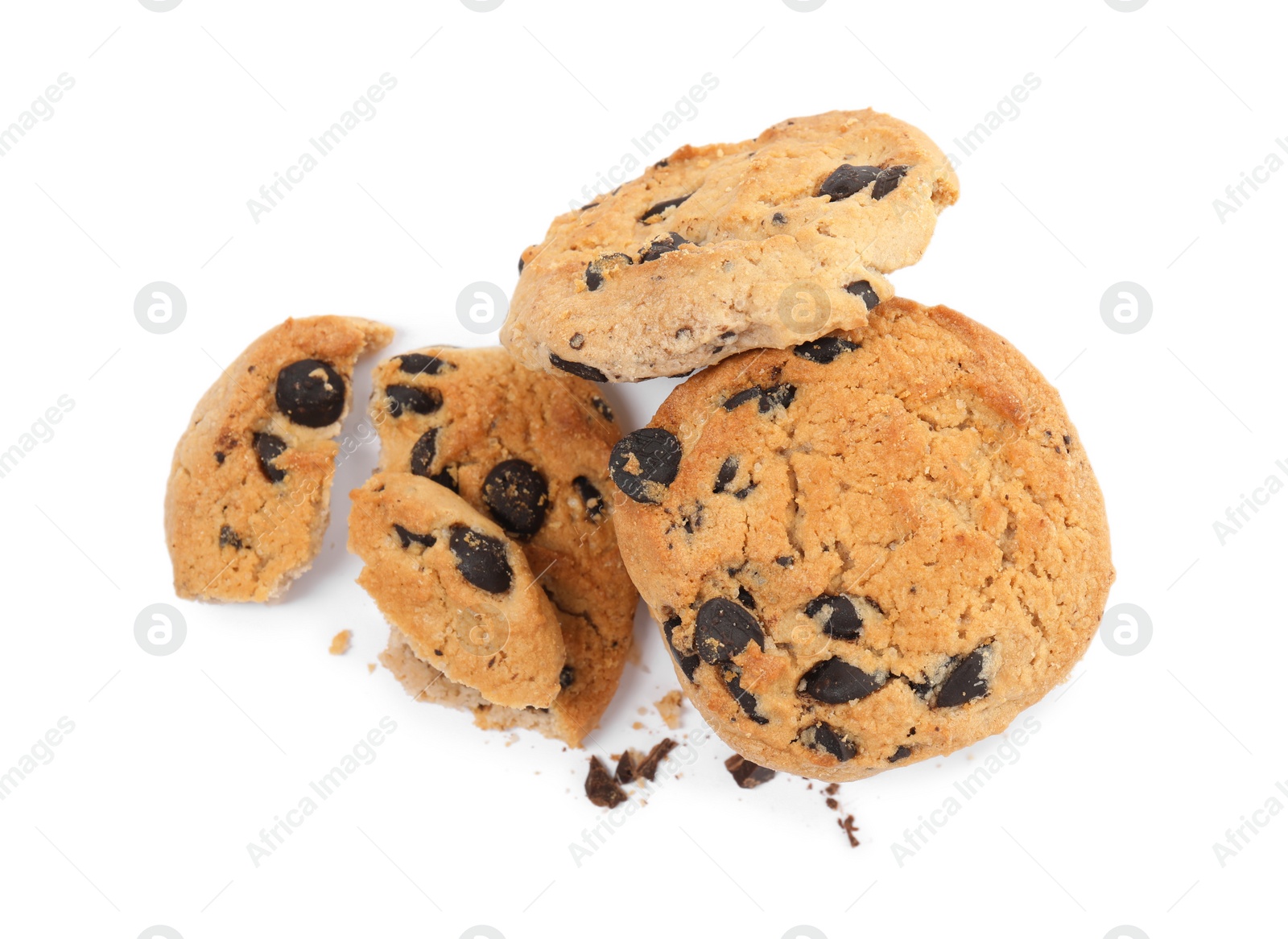 Photo of Tasty chocolate chip cookies on white background, top view