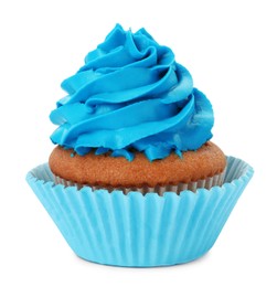 Photo of Delicious cupcake with light blue cream isolated on white