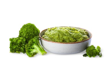 Photo of Delicious vegetable puree and fresh broccoli on white background. Healthy food