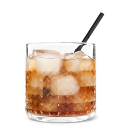 Glass of refreshing cola with ice cubes and straw on white background