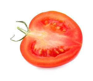 Photo of Half of fresh ripe red tomato on white background