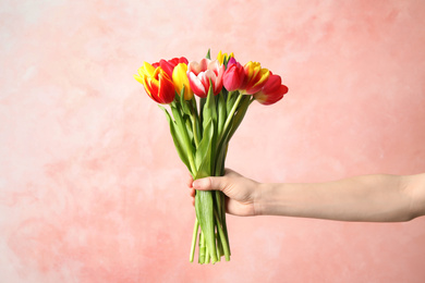 Photo of Woman holding beautiful spring tulips on light pink background, closeup