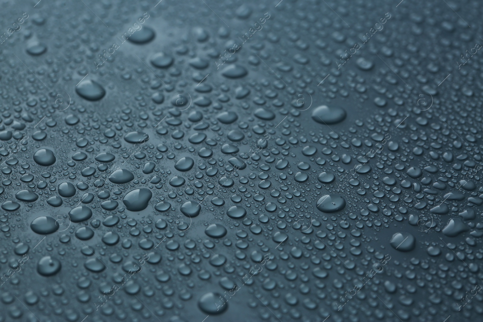 Photo of Many water drops on dark dusty blue background, closeup