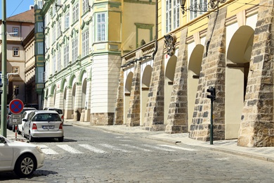 PRAGUE, CZECH REPUBLIC - APRIL 25, 2019: City street with beautiful buildings and cars