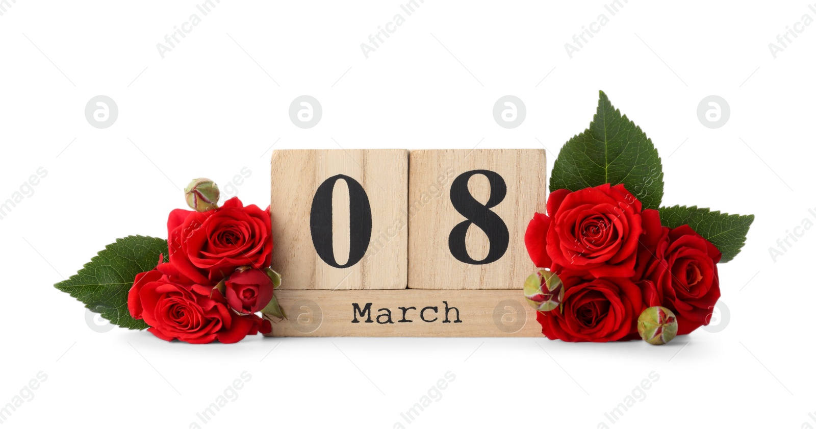 Photo of Wooden block calendar with date 8th of March and roses on white background. International Women's Day