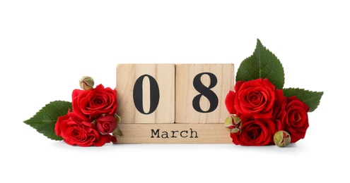 Photo of Wooden block calendar with date 8th of March and roses on white background. International Women's Day