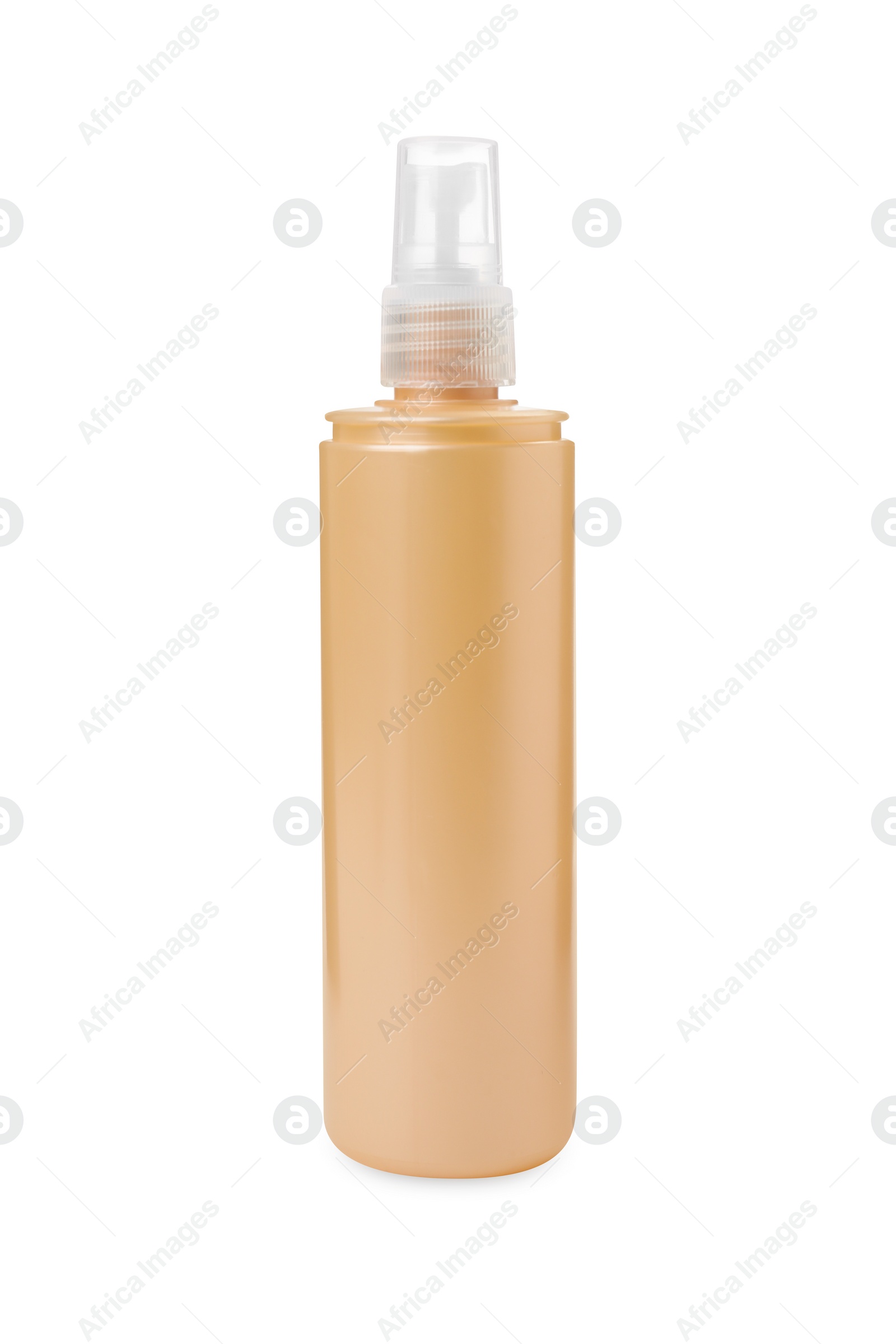 Photo of Spray bottle with hair thermal protection isolated on white
