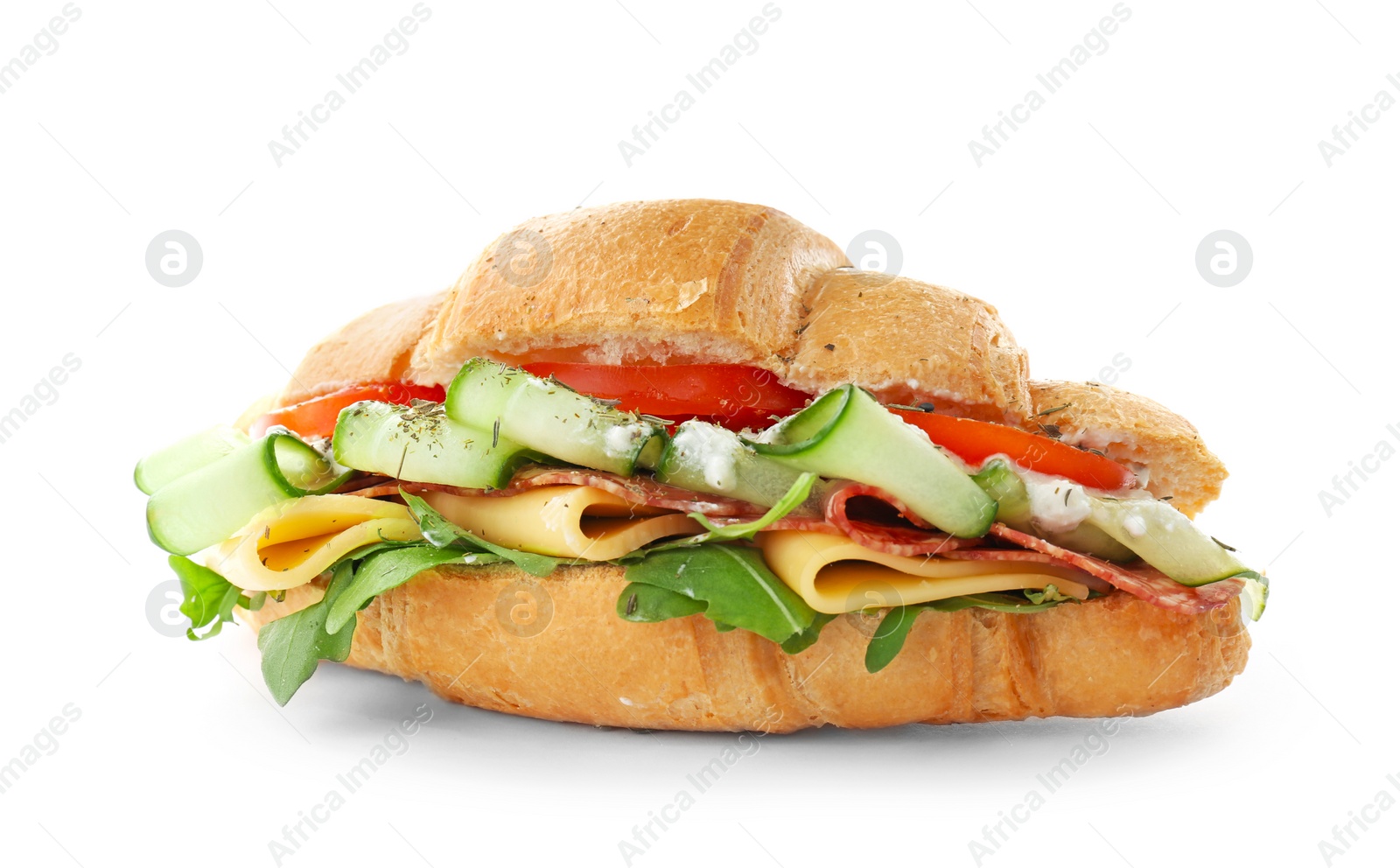 Photo of Tasty croissant sandwich with salami on white background