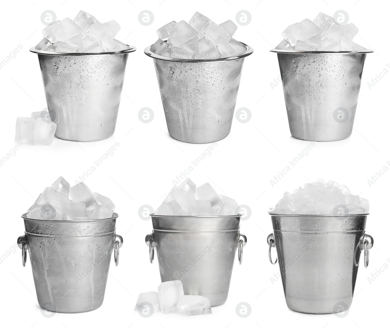 Image of Set of different metal buckets with ice cubes on white background 