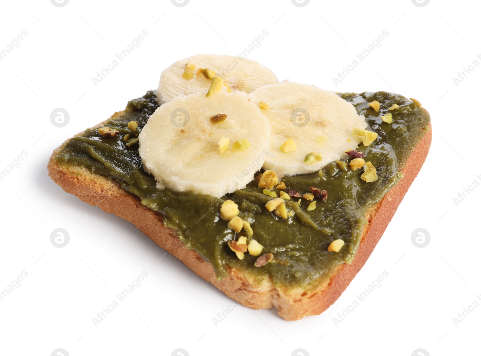 Photo of Toast with tasty pistachio butter, banana slices and nuts isolated on white