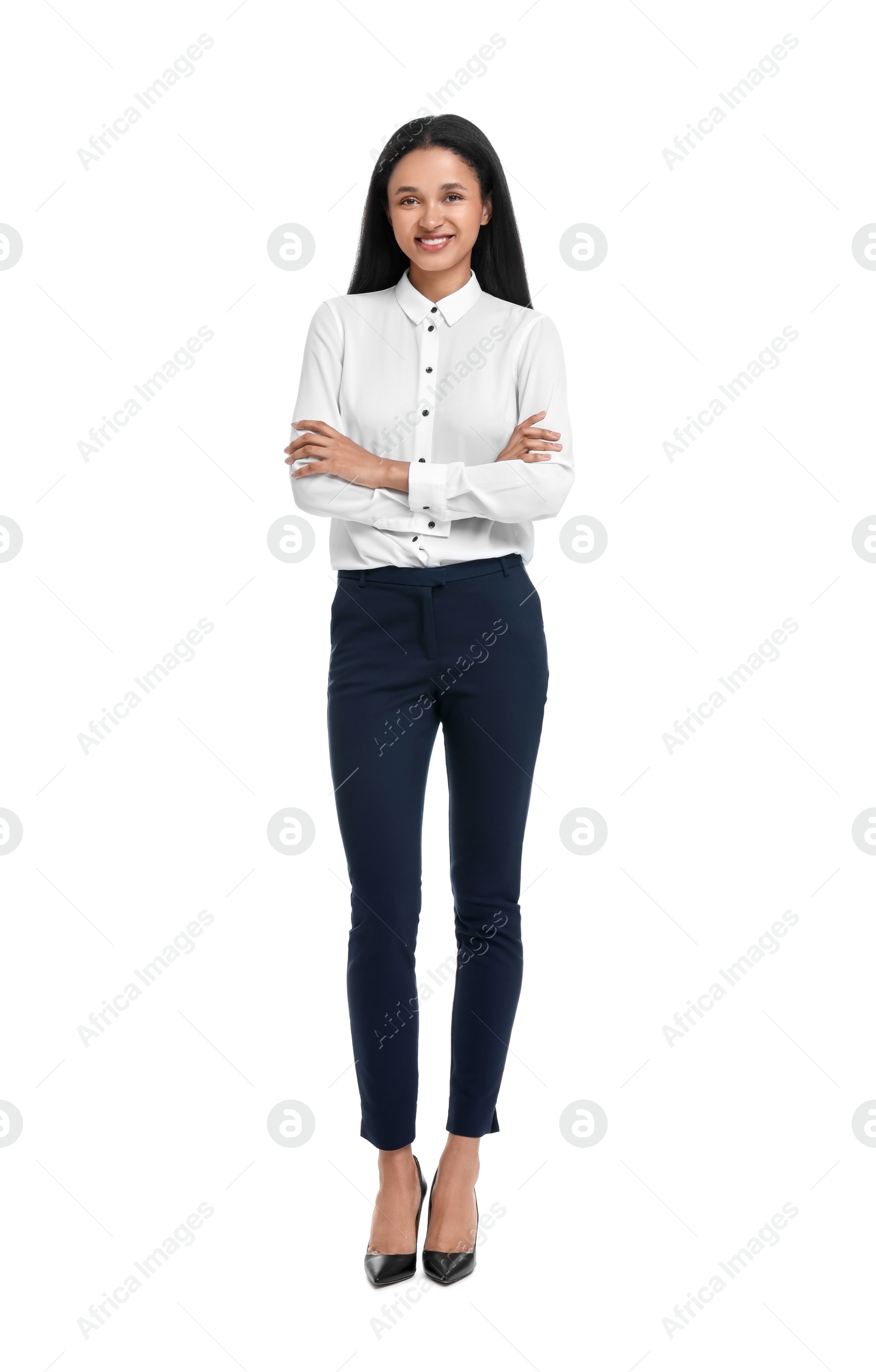 Photo of Portrait of beautiful secretary on white background