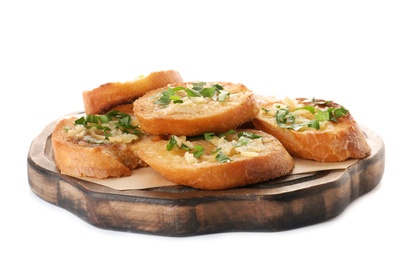 Photo of Slices of delicious toasted bread with garlic, cheese and herbs on white background