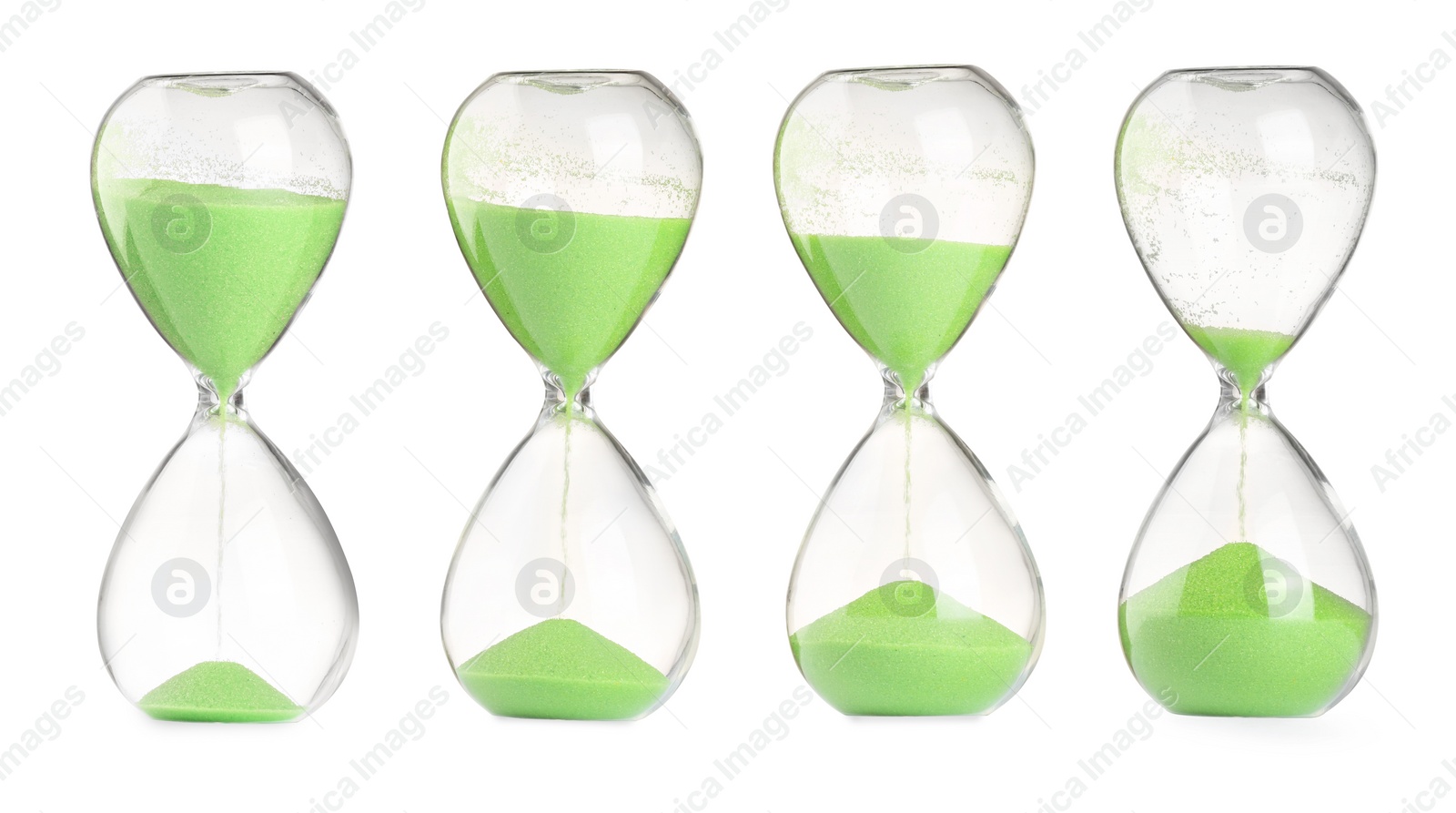 Image of Passage of time. Hourglass with flowing sand on white background, collage