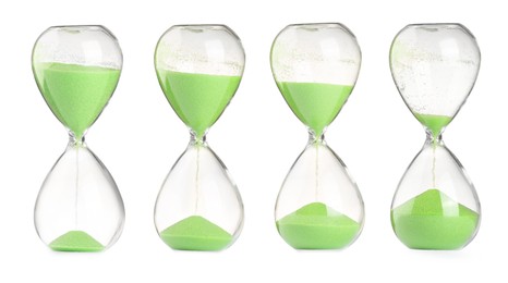 Image of Passage of time. Hourglass with flowing sand on white background, collage