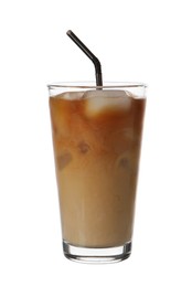 Photo of Tasty iced latte in glass isolated on white