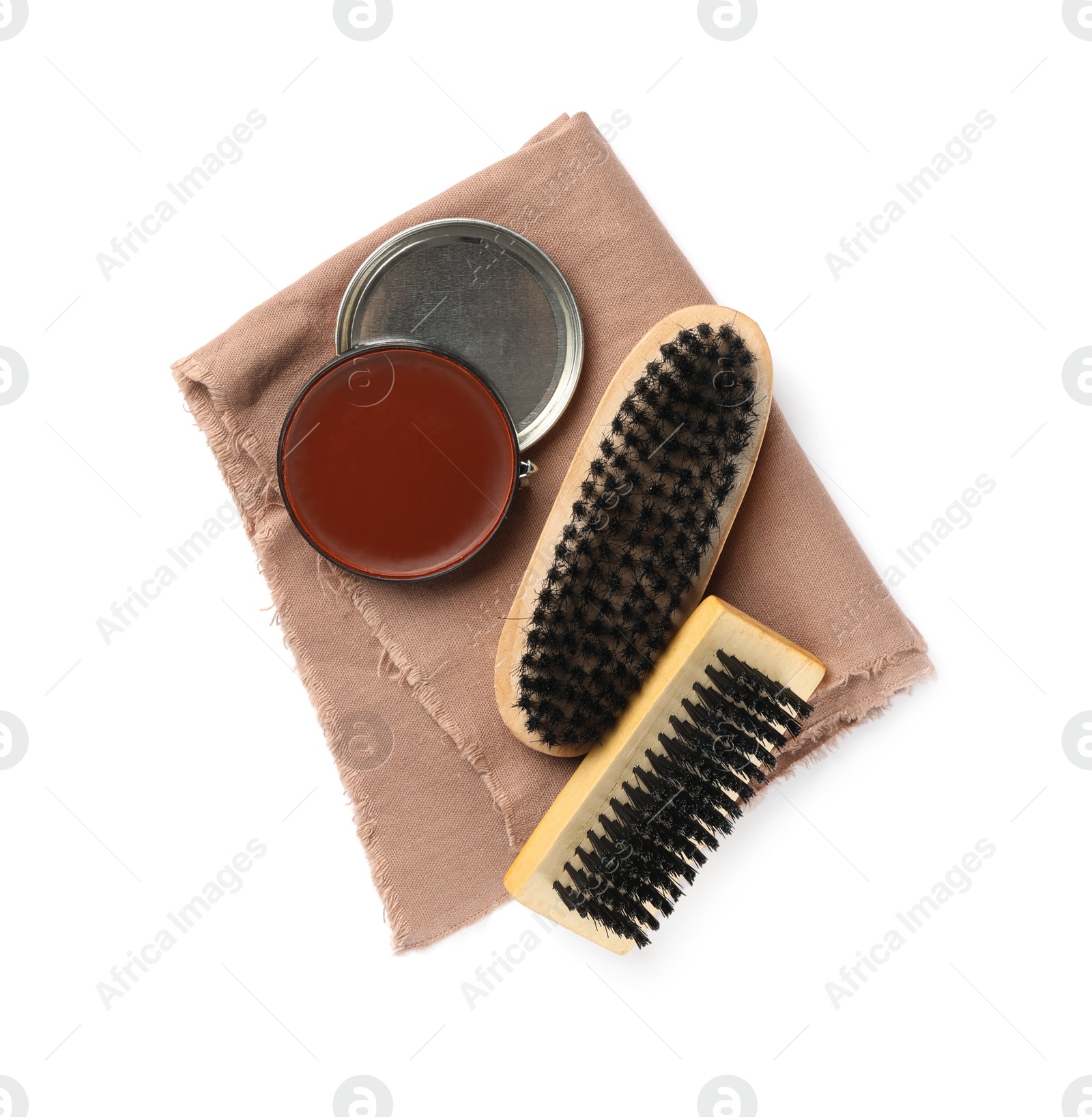 Photo of Different shoe care products on white background, top view