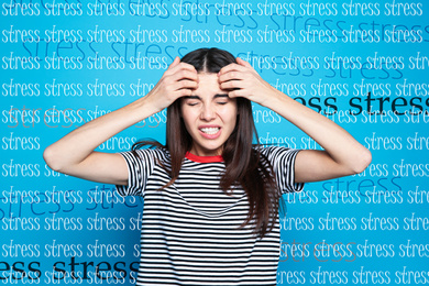 Young woman suffering from depression and words STRESS on color background
