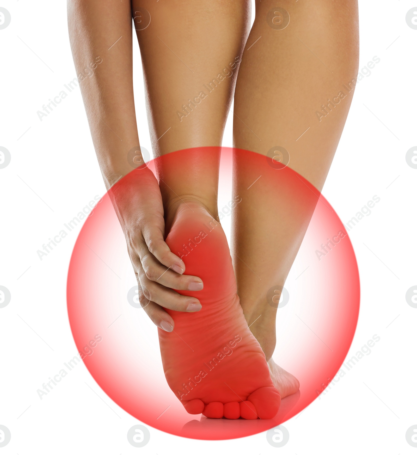 Image of Woman suffering from foot pain on white background, closeup