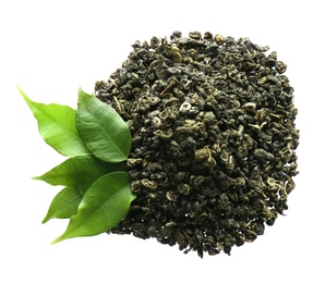 Pile of dried green tea leaves on white background, top view