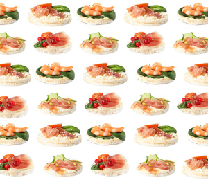 Image of Set of puffed corn cakes with different toppings on white background. Pattern design