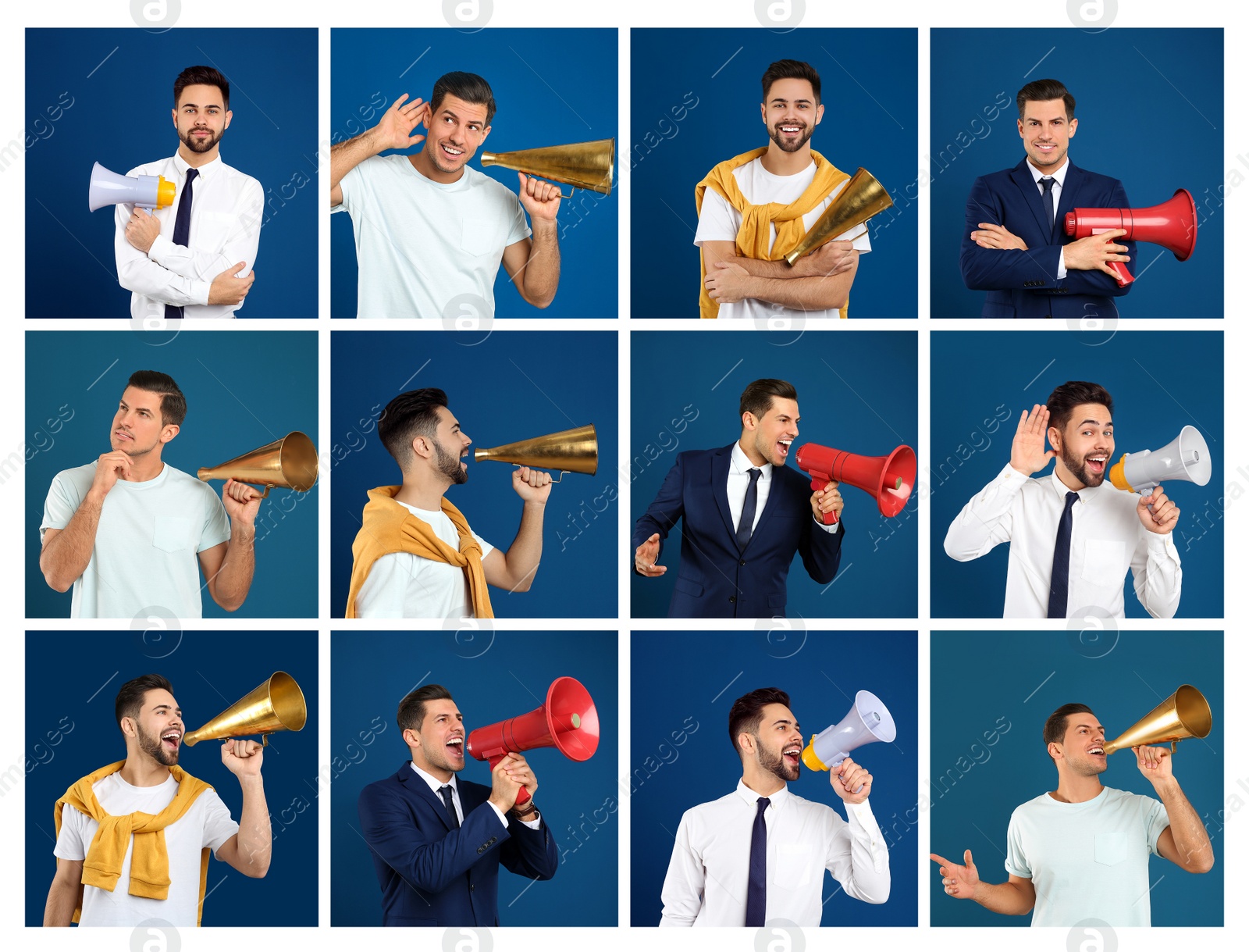 Image of Collage of men with megaphones on blue background