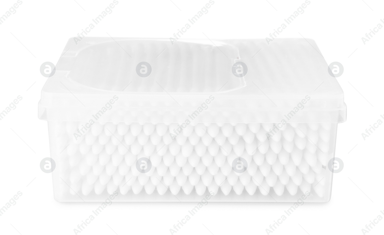 Photo of Cotton buds in plastic container isolated on white