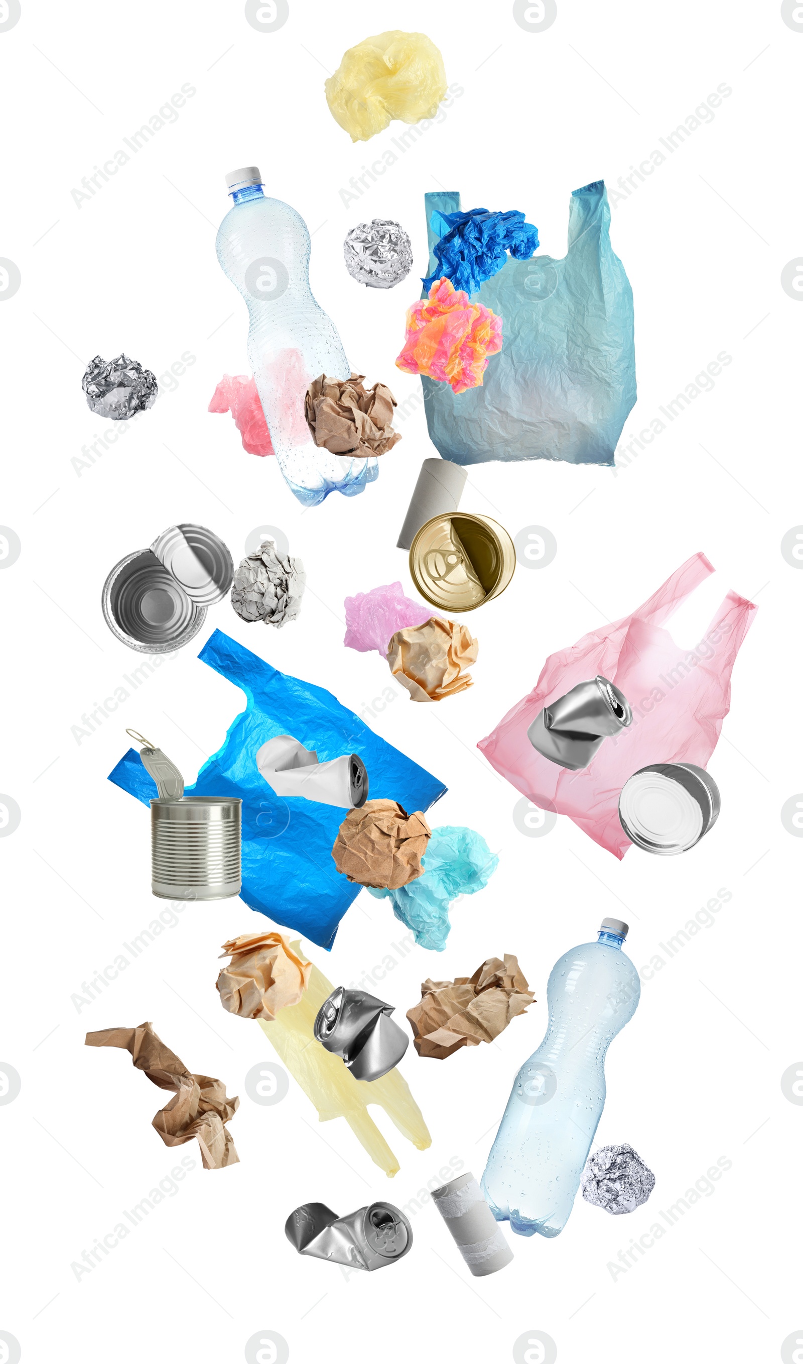 Image of Set of different falling garbage on white background. Waste management and recycling